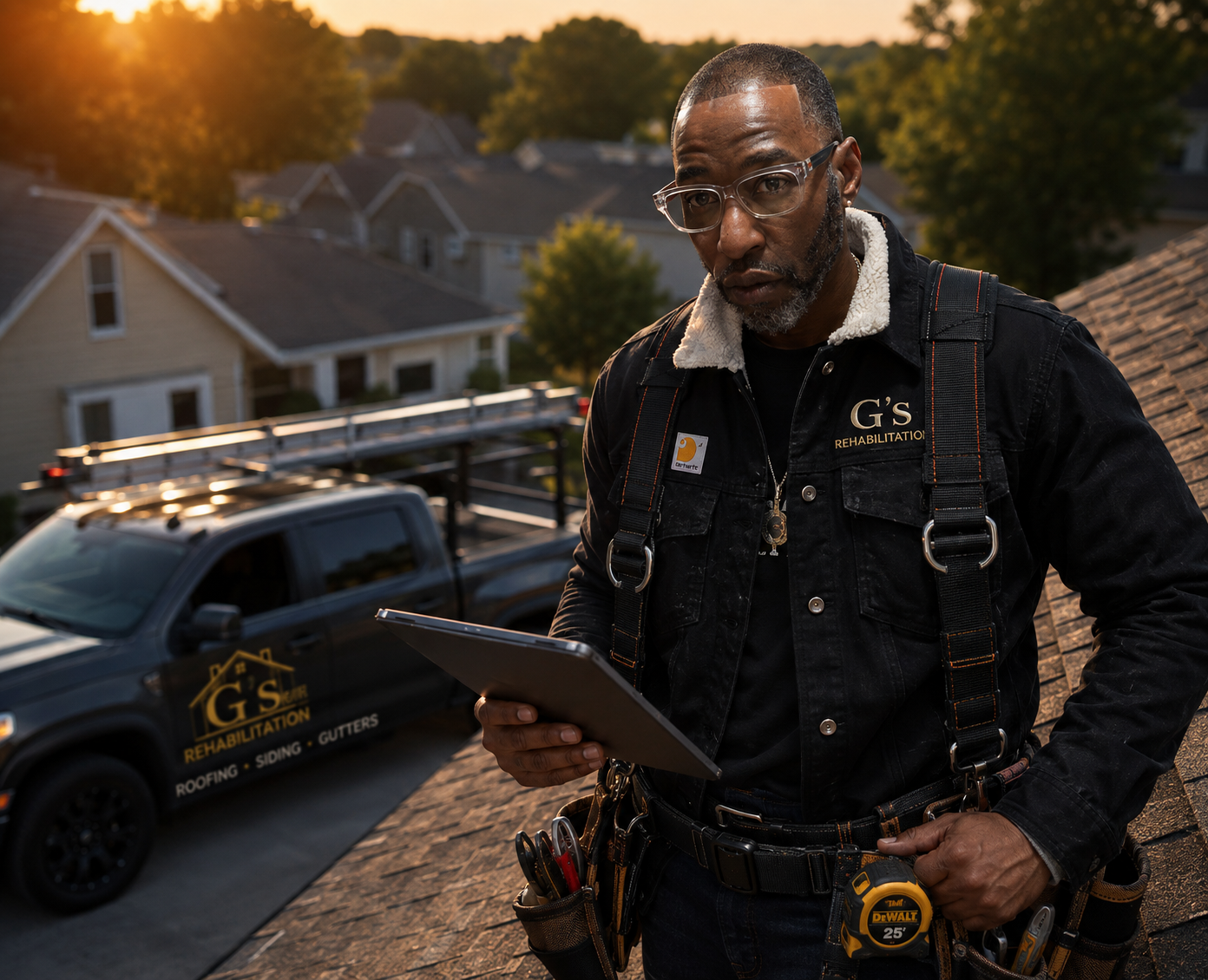Professional G's Rehabilitation contractor reviewing a roof estimate on a tablet at sunset