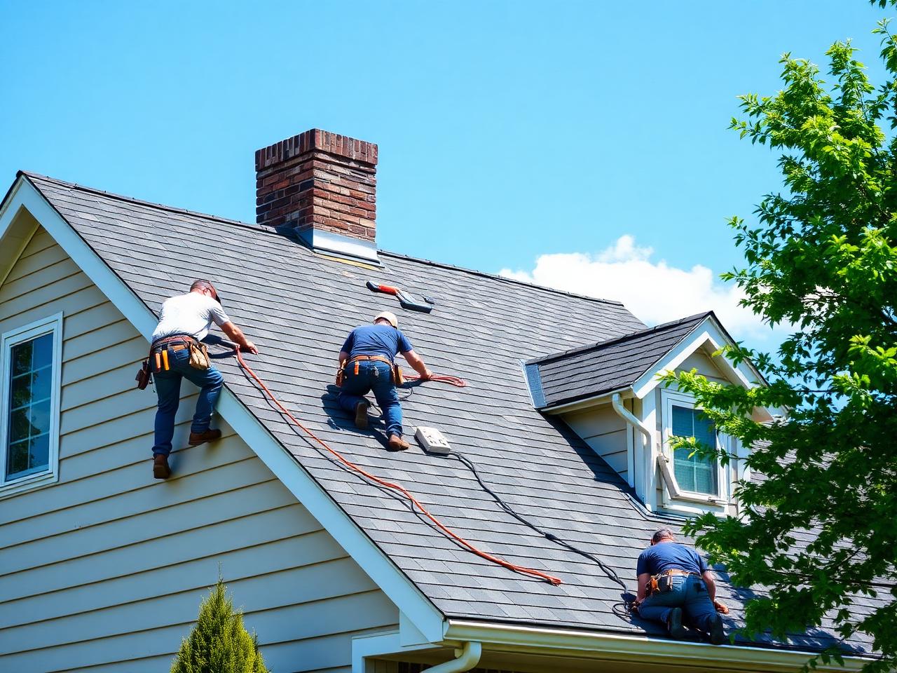 Roofing crew installing asphalt shingles on a suburban home